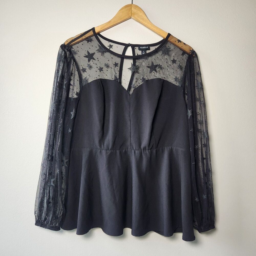 Torrid Size 1 Black Celestial Star Mesh Peplum Top Whimsigoth Gothic Romantic